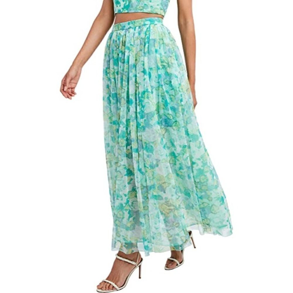 BCBGMaxAzria Aqua Blueโ Multi Colette Floral Pleated Maxi Skirt S